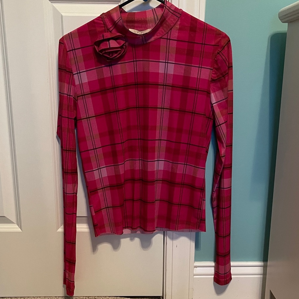 Chelsea & Violet Hot Pink Plaid Long-Sleeve Mock Neck Top with Rosette